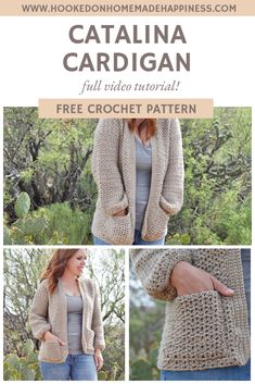 the crochet cardigan pattern is shown in three different pictures and has text that reads