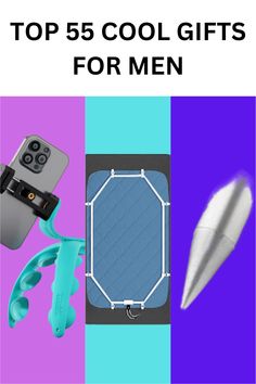 the top 5 cool gifts for men in blue and purple tones with text overlay