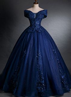 Navy Blue Off Shoulder Ball Gown Tulle with Lace Sweet 16 Gown Navy Blue Sweet 16, Blue Sweet 16, Off Shoulder Ball Gown, Blue Ball Gown, Off Shoulder Evening Dress, Junior Prom, Prom Inspo, Blue Prom Dress, Marine Uniform