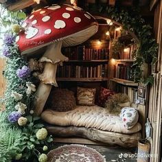 a room with a bed, bookshelf and mushrooms on the wall in it