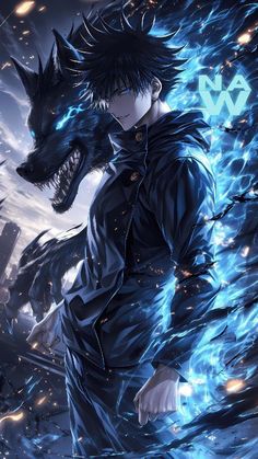 an anime character with black hair and blue eyes, standing in front of a demon like creature