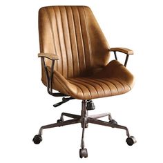 a brown leather office chair on wheels