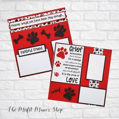 two red and white cards with dog paw prints on them