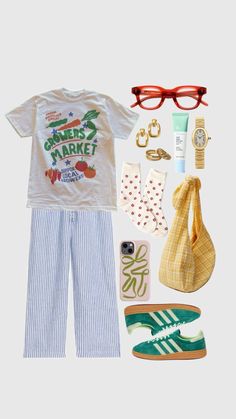 an assortment of clothing and accessories including sunglasses, phone case, flip flops, t - shirt