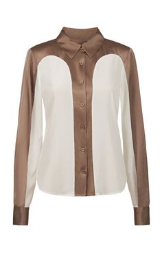 Hutton - Stretch Silk Crêpe De Chine Blouse - Product Image Designer Collared Brown Top, Designer Brown Collared Top, Luxury Beige Long Sleeve Tops, Luxury Brown Long Sleeve Tops, Luxury Long Sleeve Beige Top, Designer Beige Long Sleeve Tops, Designer Long Sleeve Beige Tops, Elegant Brown Shirt With Button Cuffs, Luxury Cream Top For Workwear