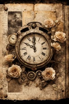 an old clock surrounded by roses and pages