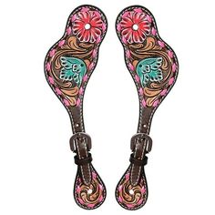 two brown and pink floral decorated boots with buckles on each side, one has a blue flower in the center