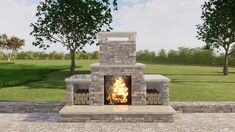 a stone fire pit sitting on top of a brick patio next to a tree and grass covered field