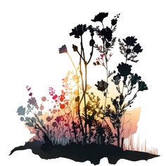 the silhouettes of plants and flowers are shown in this graphic art work, which is done