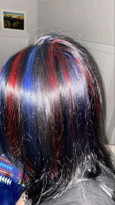 Black And Different Color Hair, Red And Blue Streaks In Hair, Black Colored Hairstyles, Dark Blue Hair Streaks, Red And Blue Hair Ideas, Types Of Hair Dye Style, Dark Hair Dye Ideas, Purple Scene Hair, Tri Color Hair