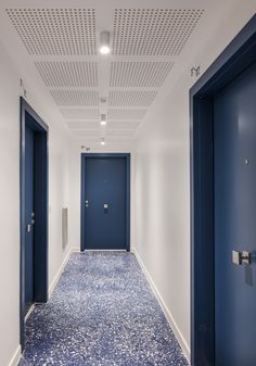 an empty hallway with blue doors and carpeted flooring on either side of the door