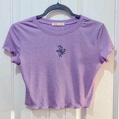 Nwt Romwe Lavender Lilac Purple Short Sleeve Crop Top With Embroidered Flower Size Small Purple Floral Embroidery Top For Spring, Summer Purple Tops With Floral Embroidery, Purple Crew Neck Top With Floral Embroidery, Purple Floral Embroidered Crew Neck Top, Purple Embroidered Short Sleeve Top, Embroidered Lavender Cotton Top, Embroidered Cotton Lavender Top, Fitted Purple Embroidered Tops, Fitted Embroidered Purple Tops