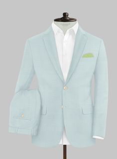 Infuse your style with confidence and poise in our Napoleon Pale Blue Wool Suit. Crafted with precision from a premium wool blend, this suit dazzles in a pale blue shade, showcasing a sleek solid pattern that defines luxury and comfort in every stitch. Perfectly suited for a range of events from joyous wedding celebrations to critical business meetings - this piece is designed to ensure you leave a lasting impact on any occasion.   Look Includes   Napolean Wool Baby Blue Fabric  Two Button Jacke Light Blue Business Suit With Suit Collar, Light Blue Notch Lapel Suits For Work, Light Blue Notch Lapel Blazer For Formal Occasions, Light Blue Semi-formal Suit With Notch Lapel, Light Blue Slim Fit Business Suit, Fitted Light Blue Single Breasted Suit, Tailored Light Blue Suit With Notch Lapel, Light Blue Tailored Suit With Notch Lapel, Tailored Light Blue Suit For Business Casual