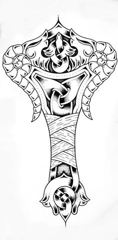 a drawing of a cross with an intricate design on the top and bottom part of it