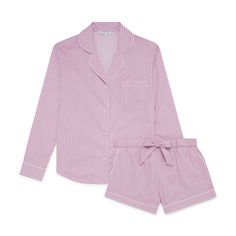 Designed to feel both classic and contemporary, and cut for a relaxed fit, this Mauve Stripe 100% organic GOTS certified cotton pyjama short set will brighten your nights and mornings with its vibrant all-over print. With piped trims throughout, the shorts come with handy slip pockets at sides and a drawstring elasticated waistband with fabric self-tie. If you like your pjs cut a little more generously we recommend going up a size.  100% GOTS-certified organic cotton French seams Piped trims Shi Classic Relaxed Fit Pajama Party Sets, Classic Relaxed Fit Sets For Pajama Party, Classic Relaxed Fit Sleepwear For Lounging, Classic Relaxed Fit Sets For Daywear, Classic Sleep Sets With Relaxed Fit, Classic Cotton Sleepwear For Spring, Classic Relaxed Fit Sets For Home, Classic Relaxed Fit Home Sets, Classic Relaxed Fit Loungewear Sets