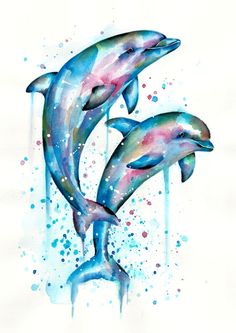 two dolphins jumping in the air with watercolor splashes on their body and head