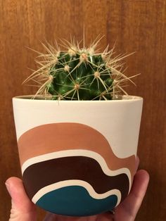 a hand holding a potted plant with a brown, blue and white design on it