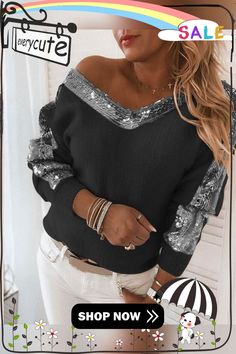 Sequins V-neck Casual Sweaters Casual Sweaters, Sweaters For Women, Womens Tops, V Neck, Women's Top, Black