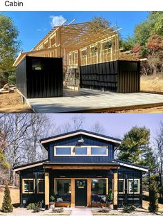 two pictures side by side with the same house being built and one has an open garage door