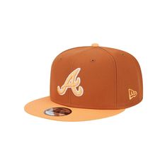 the atlanta braves'new era 59fifty fitted cap is shown in orange and gold