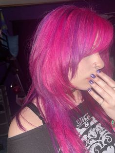 Hot Pink And Black Hair Short, Pink And Purple Scene Hair, Pink Hair With Pink Highlights, Hot Pink Scene Hair, Pink Scene Hair, Pink Purple Blue Hair, Red And Purple Hair, Pink Hair Pfp, Red And Pink Hair