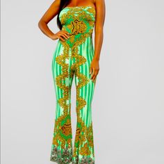 Rand New Pet And Smoke Free Close To The Weekend Tube Jumpsuit Size Xl Fits To Your Curves But Has Lots Of Stretch Is A Tube Top Style With Boot Cut Slight Flare Pants Green And Gold Brocade Design Very Light Weight Perfect For Spring Or Summer Or Any Upcoming Beach Visits No Damage Or Marks Green Stretch High Waist Jumpsuits And Rompers, Green High-waist Stretch Jumpsuits And Rompers, Green Stretch High-waist Jumpsuits And Rompers, Trendy Green High Waist Jumpsuits And Rompers, Trendy Green High-waist Jumpsuits And Rompers, Trendy Green High Waist Jumpsuit, Green Stretch Jumpsuits And Rompers For Vacation, Green Stretch Jumpsuit For Vacation, Green Fitted Strapless Jumpsuit For Summer