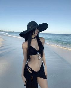 @daturakisses Goth Swimsuit Aesthetic, Goth At Beach, Goth Pool Outfit, Gothic Swimsuit Bikinis, Goth Beach Photoshoot, Emo Beach Aesthetic, Dark Beach Outfit, Aestethic Bikinis Goth, Grunge Swimsuit Aesthetic