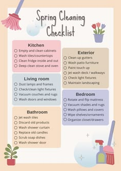 the spring cleaning checklist is shown in this graphic style, with an image of a broom