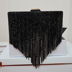 This Stunning Black Frinnged Jeweled Clutch Evening Purse Is A Must Have. It Is A No Nonsense Purse In Its Spectacular Neutral Matches About Every Evening Outfit For All Occasions. No Need To Be Consumed With Endless Purses A Yes When You're Running Late Or Not. Embellished Black Clutch Bag, Black Embellished Clutch Bag, Luxury Bags With Rhinestone Fringe, Chic Black Embellished Bags, Evening Bag With Rhinestone Fringe, Evening Bags With Rhinestone Fringe, Embellished Black Evening Bag, Black Rectangular Evening Bag For Party, Embellished Black Bags For Night Out