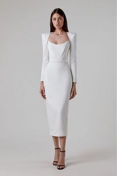 This body-perfect Alaina White Long Sleeve Midi Work Dress is definitely one of our wardrobe favorites. The knee-length dress and long sleeves create a dress for everyday work. Love the skinny silhouette details of the bandages! You can look elegant in this chic dress with a pair of heels and a bag.Dress Length: Approx Dresses Elegant Long, Midi Dress Work, Stylish Midi Dress, Autumn 2022, Bandage Midi Dress, Party Dress Long Sleeve, Black Bodycon Dress, Fall 2023, Long Sleeve Midi