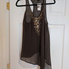 Beautiful Sheer Brown 100% Silk Beaded Tank Asymmetrical Shirt. Perfect For Warm Weather Gatherings. Extra Beads Included With Top. Summer Beaded Blouse For Night Out, Asymmetrical Shirt, Silk Top, Saks Fifth, Saks Fifth Avenue, Warm Weather, Tank Top, Womens Tops, Tank Tops