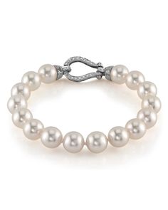 Hanadama, meaning 'Flower Pearl,' represents the highest quality available in Japanese Akoya Pearls, certified by the Japan Pearl Science Laboratory. Only approximately 2% of the annual Akoya cultured pearl harvest qualifies for the Hanadama Grade. This beautiful Akoya pearl bracelet ranges between 9.5-10mm in size and consists of all beautiful and extremely lustrous Hanadama pearls. All pearls in this necklace are perfectly round and are strung with silk thread and double-knotted between each p Classic Diamond Pearl Bracelet For Formal Occasions, Classic White Gold Diamond Pearl Bracelet, Luxury Akoya Pearl Bracelet For Formal Occasions, Luxury White Pearl Bracelet With Diamonds, Luxury White Diamond Pearl Bracelet, Luxury Pearl Bracelet With Diamond Accents, Formal Round Diamond Pearl Bracelet, Luxury Akoya Pearl Bracelet, Luxury White Gold Akoya Pearl Bracelet