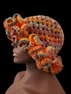 Material: 100% Acrylic Yarn  Size: OS Crochet Ruffle Bucket Hat Pattern Free, Ruffle Bucket Hat Crochet Pattern Free, Ruffle Hats Crochet, Ruffle Bucket Hat Crochet, Orange Crochet Hat, Crochet Bucket Hat With Ruffles, Ruffle Bucket Hat, Flower Bucket Hat, Ruffle Hat