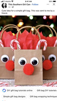 Christmas Gift Bag Ideas, Christmas Class Treats, Gift Bag Diy, Santa Pants, Gift Bag Ideas, Outdoor Christmas Planters, Decorated Gift Bags, Gift Bags Diy, Reindeer Gifts