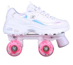 a pair of white shoes with pink wheels