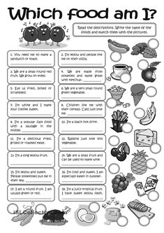 a poster with words and pictures to describe which food am i? in english or spanish