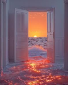 an open door leading to the ocean with waves crashing in front of it at sunset