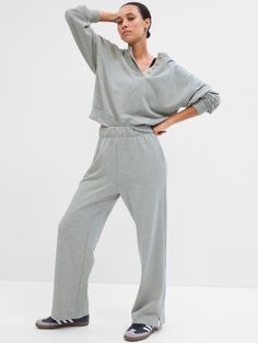 Fleece Wide-Leg Pants | Gap Factory Relaxed Long Pants With Ribbed Cuffs, Gray Loungewear Bottoms With Ribbed Cuffs, Comfy Pants With Ribbed Cuffs, Elevated Casual Full-length Sweatpants With Elastic Waistband, Full Length Sweatpants For Elevated Casual Look, Sweats With Ribbed Waistband And Straight Hem For Lounging, Lounging Sweats With Ribbed Waistband And Straight Hem, Relaxed Fit Straight Pants With Ribbed Cuffs, Athleisure Pants With Double-needle Hem For Loungewear