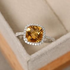 Citrine ring cushion cut yellow gemstone engagement ring Elegant Citrine Topaz Ring With Halo Setting, Yellow Citrine Cushion Cut Ring, Citrine Cushion Cut Wedding Rings, Cushion Cut Citrine Wedding Rings, Cushion Cut Citrine Rings As Gift, Birth Stone Rings, Citrine Halo Ring, Cushion Cut Halo Ring, Yellow Gemstone Ring