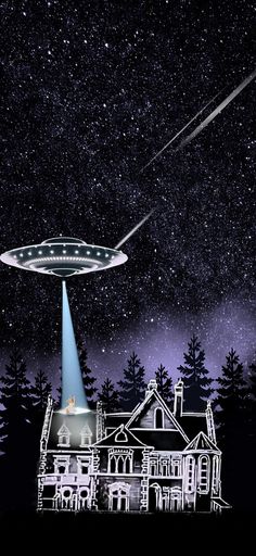 an alien flying over a house in the night sky with trees and stars above it