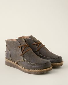 From moccasin toe to cork-infused sole, this chukka boot gets you where you're going in standout style. Handcrafted in distressed suede with leather laces, and featuring an inside zip for on-off ease, a padded footbed for comfort, and Børn's signature hand-sewn Opanka construction for durability.  By Børn. Lace-up style with inside zipper. Removable microsuede-wrapped foam footbed. Lightweight cork-infused man-made sole. Shop Boots, Chukka Boot, Fall Wear, Garnet Hill, Wide Boots, Winter Shoes, Boot Shop, Up Styles