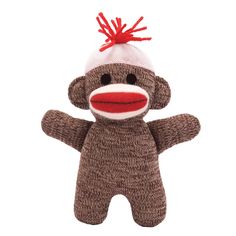 a sock monkey wearing a white and red hat