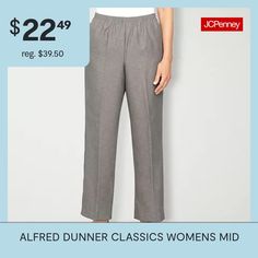 Alfred Dunner is known for their modern tailoring and style, and this pair of women's pants stay true to the brand's heritage. Made from a soft woven fabric in a relaxed-fit with straight legs, they have a comfortable elastic-waistband, a pleated front, and side pockets. Wear with a button-down or t-shirt and flat shoes.Front Style: Pleated FrontClosure Type: Elastic, Full ElasticFit: Relaxed FitPockets: 2 Side Slip PocketsRise: Mid RiseFiber Content: 100% PolyesterFabric Description: WovenInse… Classic Bottoms For Daywear, Classic Long Pants For Daywear, Classic Pull-on Tapered Leg Dress Pants, Classic Daywear Bottoms With Pockets, Classic Relaxed Fit Bottoms For Daywear, Classic Pull-on Pants For Fall, Classic Pull-on Ankle-length Pants, Classic Pants With Welt Pockets For Daywear, Classic Daywear Pants With Welt Pockets