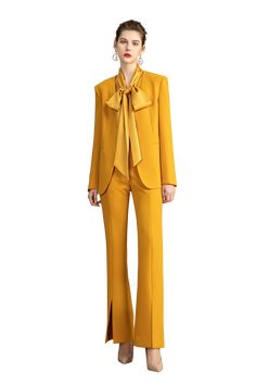 Embrace your bold, adventurous side with our Yellow Blazer Blouse and Pant Suit Set. Made from luxurious silk, this set will elevate any outfit. So take a risk and make a statement with this must-have ensemble. Buy now and stand out from the crowd! Elegant Three Piece Yellow Blazer Blouse and Pant Suit Set Peak lapels; front button blazer V-neck, Long sleeves; button cuffs. Structured shoulders. Chest welt pockets. Hip flap pockets Polyester 80% Viscose 17% Spandex 3% Imported Brand - Aision Mod Blazer Blouse, Take A Risk, Yellow Blazer, Pant Suit, Business Suit, Suit Set, Blazer Buttons, Three Piece, Welt Pockets