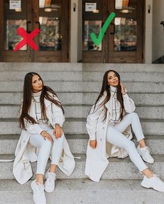 two women sitting on the steps in front of a building and one is wearing white