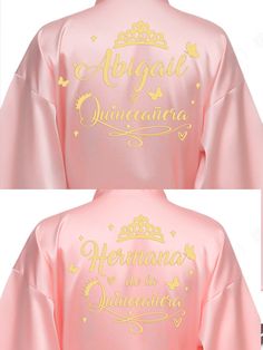 Introducing our stunning set of two personalized Rose Gold Quinceañera bathrobes, perfect for the special day! Each robe is elegantly designed and can be customized for mama, dama, hermana, prima, or madrina. Create a beautiful and coordinated look for your party with any combination of these luxurious bathrobes. Made for comfort and style, they are ideal for capturing memorable moments before the celebration. Celebrate in style! Includes : 2 robes All the items are hand-made.Can be personalized Personalized Bathrobe, Money Card Box, Rose Gold Quinceanera, Quinceanera Bouquet, Quinceanera Pink, Quinceanera Tiaras, Cake Knife Set, Quinceanera Cakes, Cake Knife