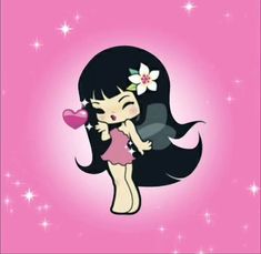 a cartoon girl with long black hair and flower in her hair, holding a heart