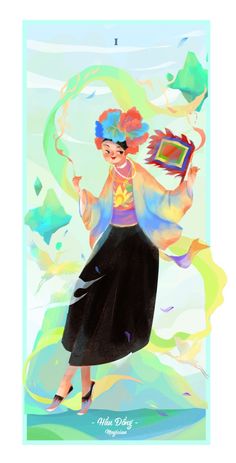 a painting of a woman in a colorful dress holding a book and flying through the air