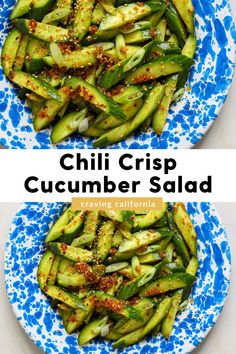 two blue and white enamel plates filled with spicy cucumber salad. Chile Crisp, Spicy Chili Crisp, Chili Salad, Spicy Cucumber Salad, Spicy Cucumber, Cookout Side Dishes, Chili Crisp, Asian Cucumber Salad, Crunch Recipe