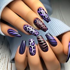 Purple Black White Nails, Nails Art 2024, Purple Fall Nails Design, Leopard Nail Designs, Cow Prints, Plum Nails, Violet Nails, Animal Print Nails Art, Pastel Lavender